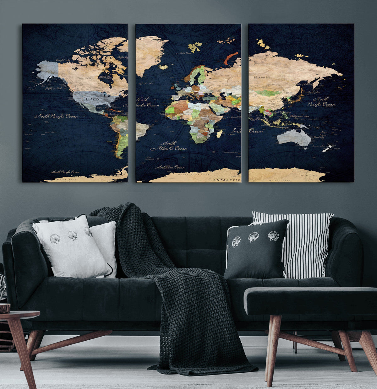Minimalist World Map Canvas Wall Art - Watercolor Blue and