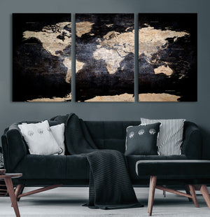 Grunge World Map Wall Art | 3-Panel Large Beige and Brown