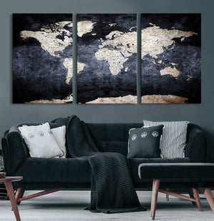 Vintage World Map Canvas Wall Art – Antique Triptych Map