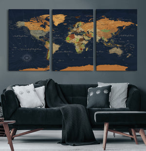 Modern World Map Canvas Print – Framed Detailed Map of the