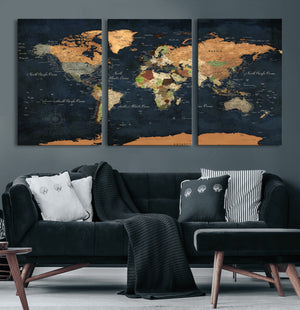Vintage World Map Canvas Wall Art – Detailed Map with