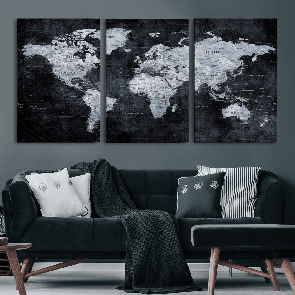 Black World Map Canvas Print – Detailed Map for Couples and