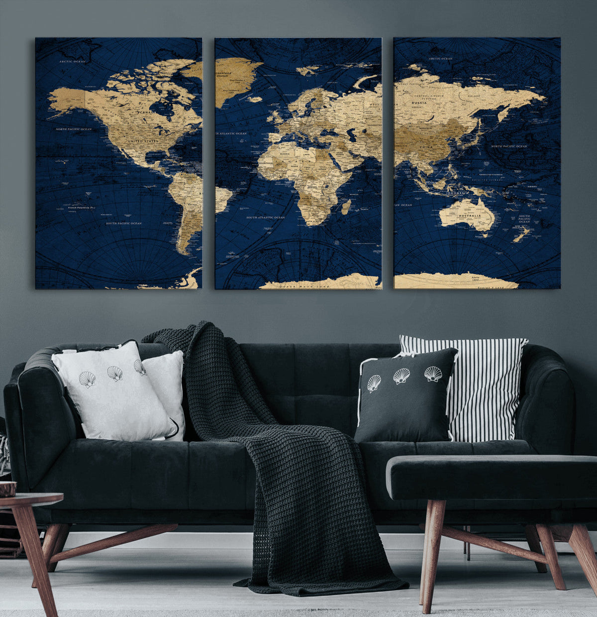 Navy Blue World Map Canvas Print – Detailed Map Minimal Navy