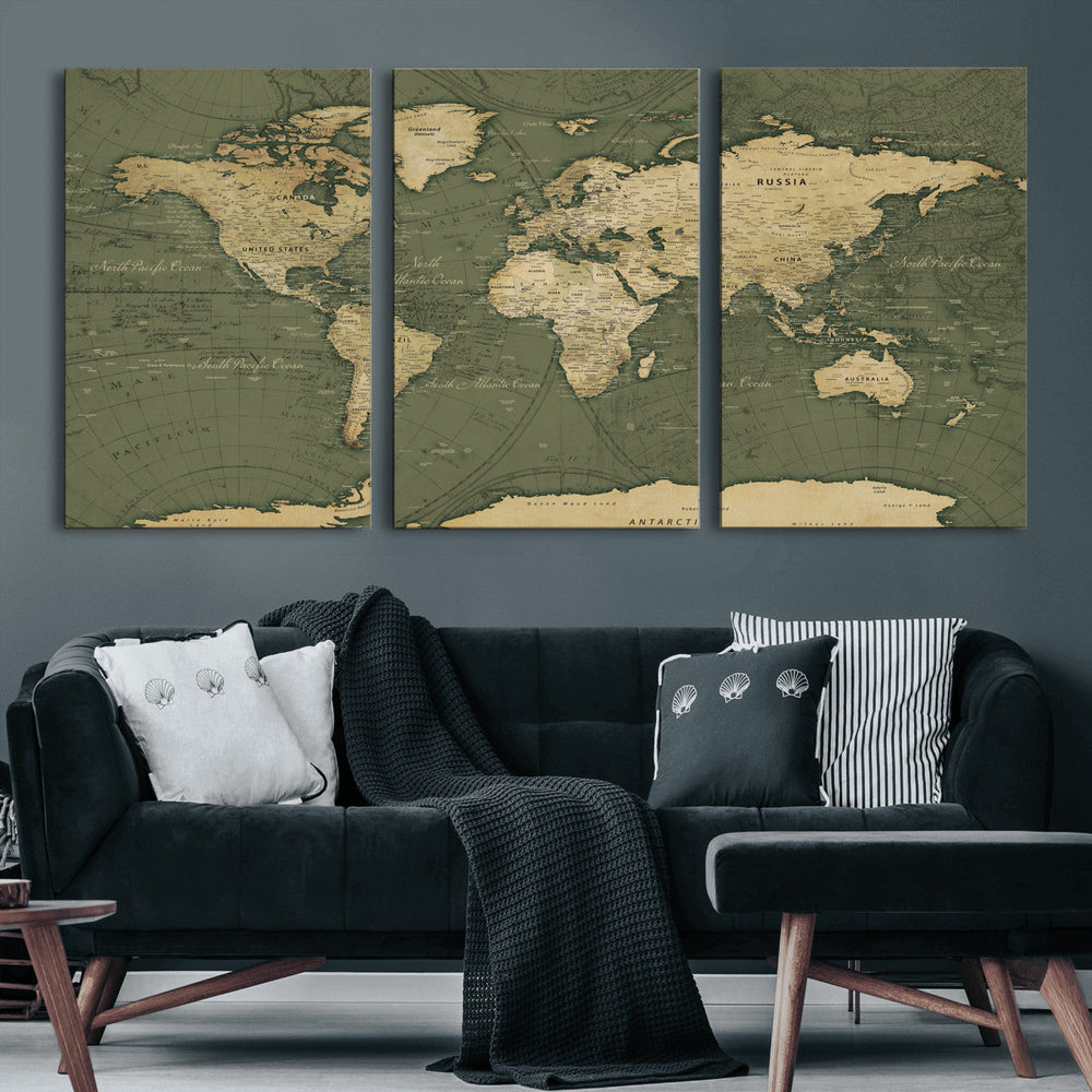 Large World Map Canvas Wall Art Print for Study Room Decor -