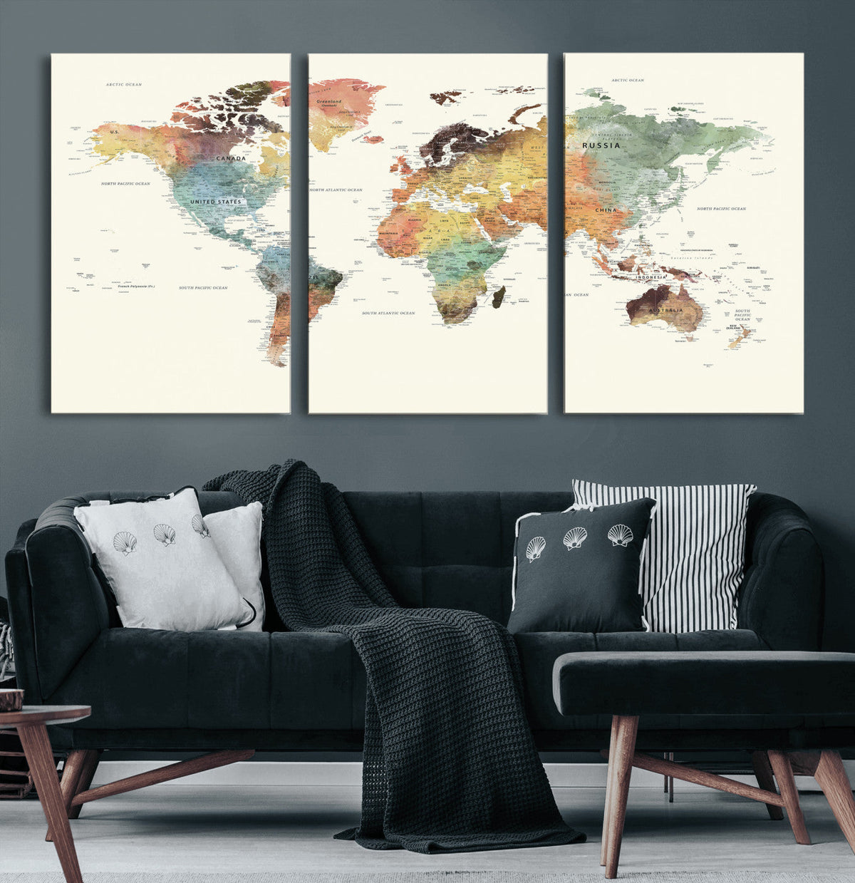 Framed World Map Wall Art Canvas Print for Living Room and