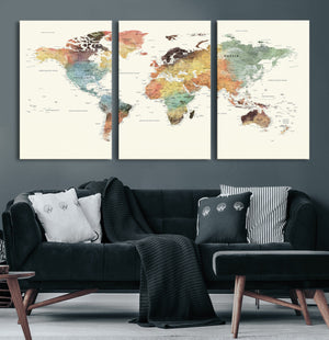 Framed World Map Wall Art Canvas Print for Living Room and