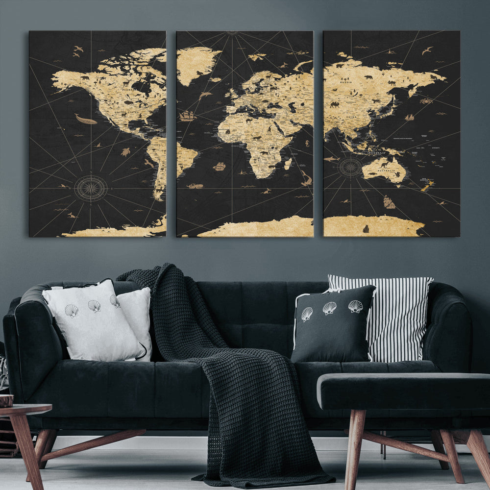 Vintage Blue and Brown World Map Canvas Wall Art – Framed