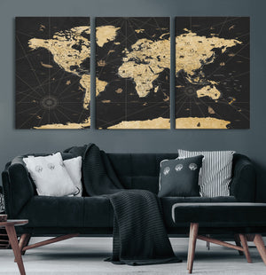 Vintage Blue and Brown World Map Canvas Wall Art – Framed