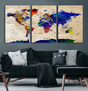 Watercolor World Map Canvas Print – Framed Wall Art for