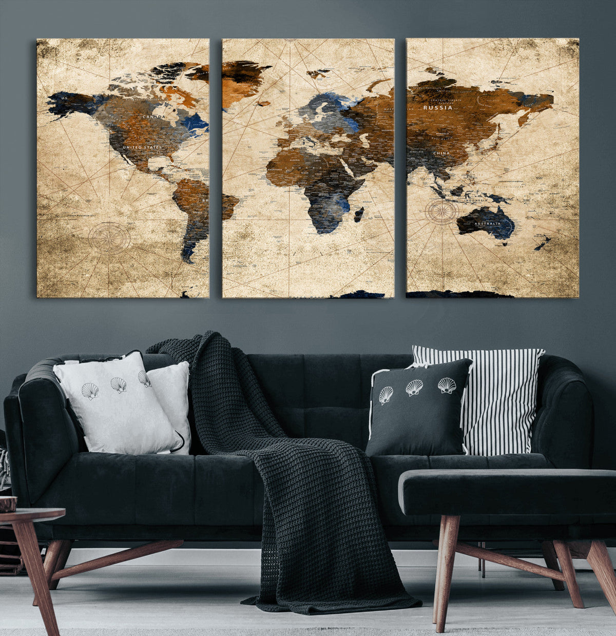 World Map Wall Art – Rustic Earth Tone Canvas Print, Antique