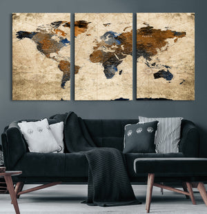 World Map Wall Art – Rustic Earth Tone Canvas Print, Antique