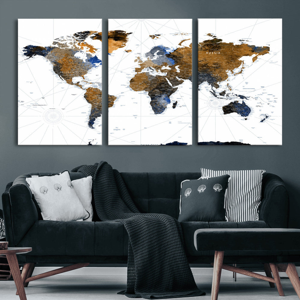 World Map Wall Art Canvas Print, Modern Decorative Framed