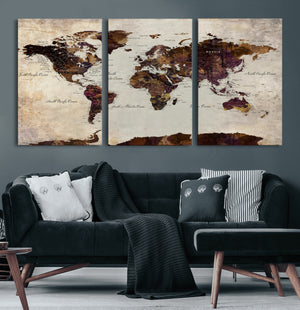 World Map Canvas Triptych – Colorful Global Wall Art for