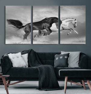 Wild Horses Wall Art Canvas Print – Framed Black and White
