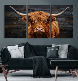 Highland Cow Wall Art Canvas Print, Rustic Farm Animal