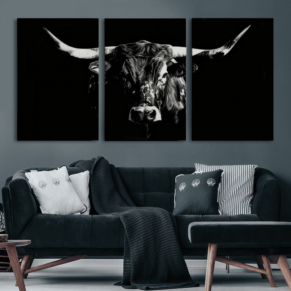 Black Bull Wall Art Canvas Print, Dark Longhorn Portrait