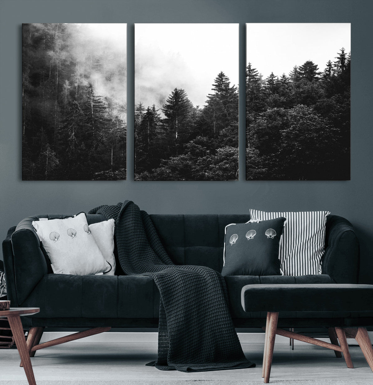 Black White Forest Wall Art Canvas Print, Misty Pine Tree