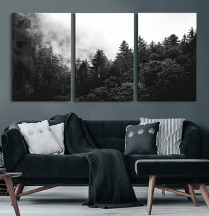 Black White Forest Wall Art Canvas Print, Misty Pine Tree