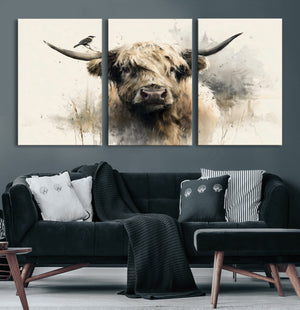 Abstract Highland Cow Wall Art Canvas Print, Rustic Farm