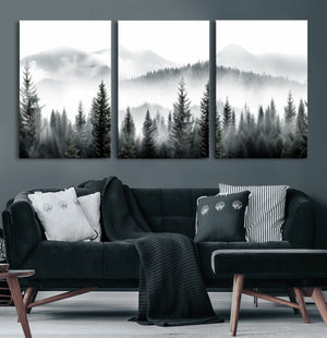 Misty Pine Forest Mountain Landscape Wall Art Canvas Print