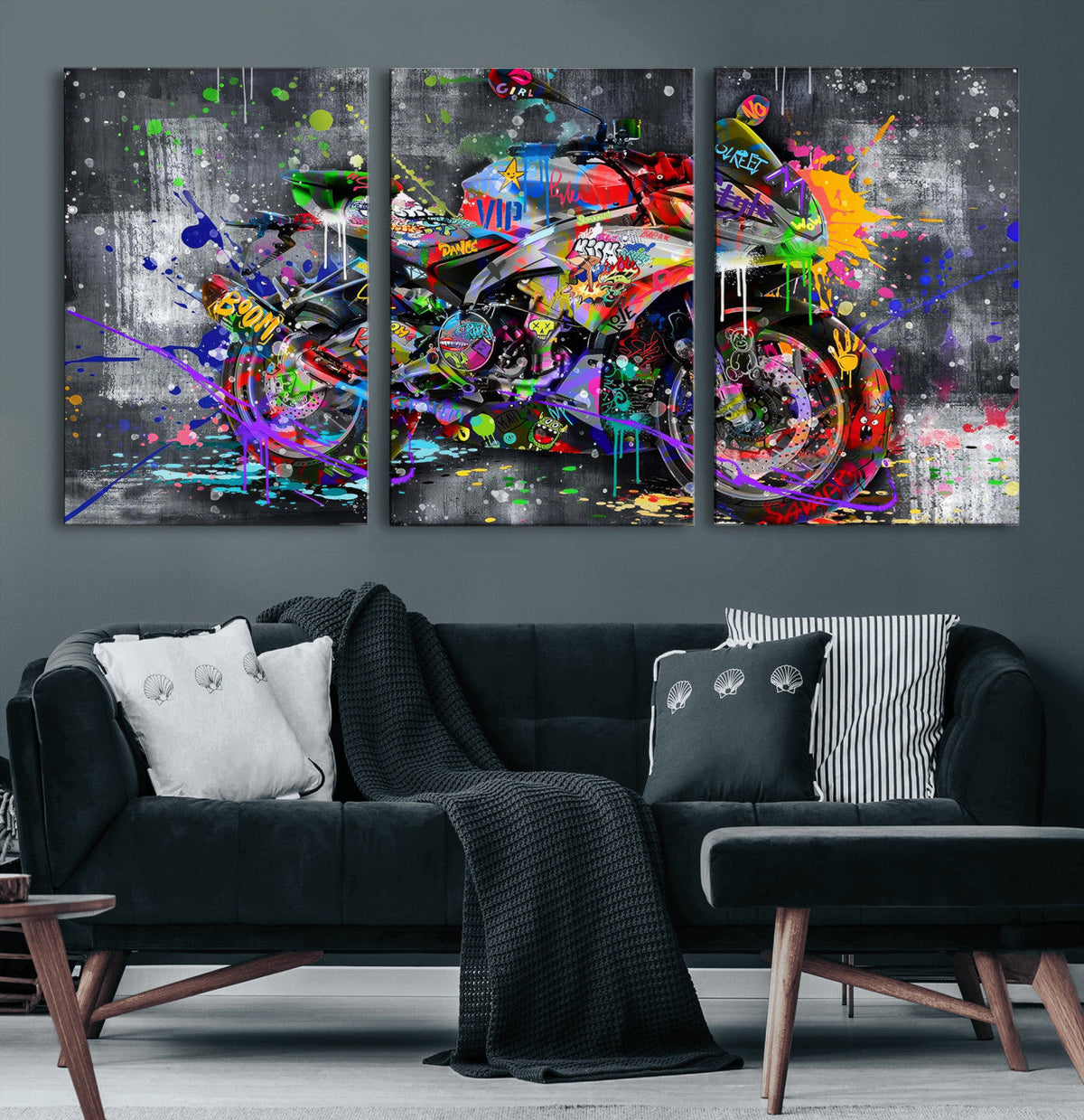 Graffiti Motorcycle Wall Art Canvas Print, Urban Street Art