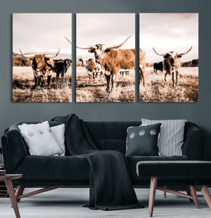 Texas Longhorn Cattle Wall Art Canvas Print, Sepia Western