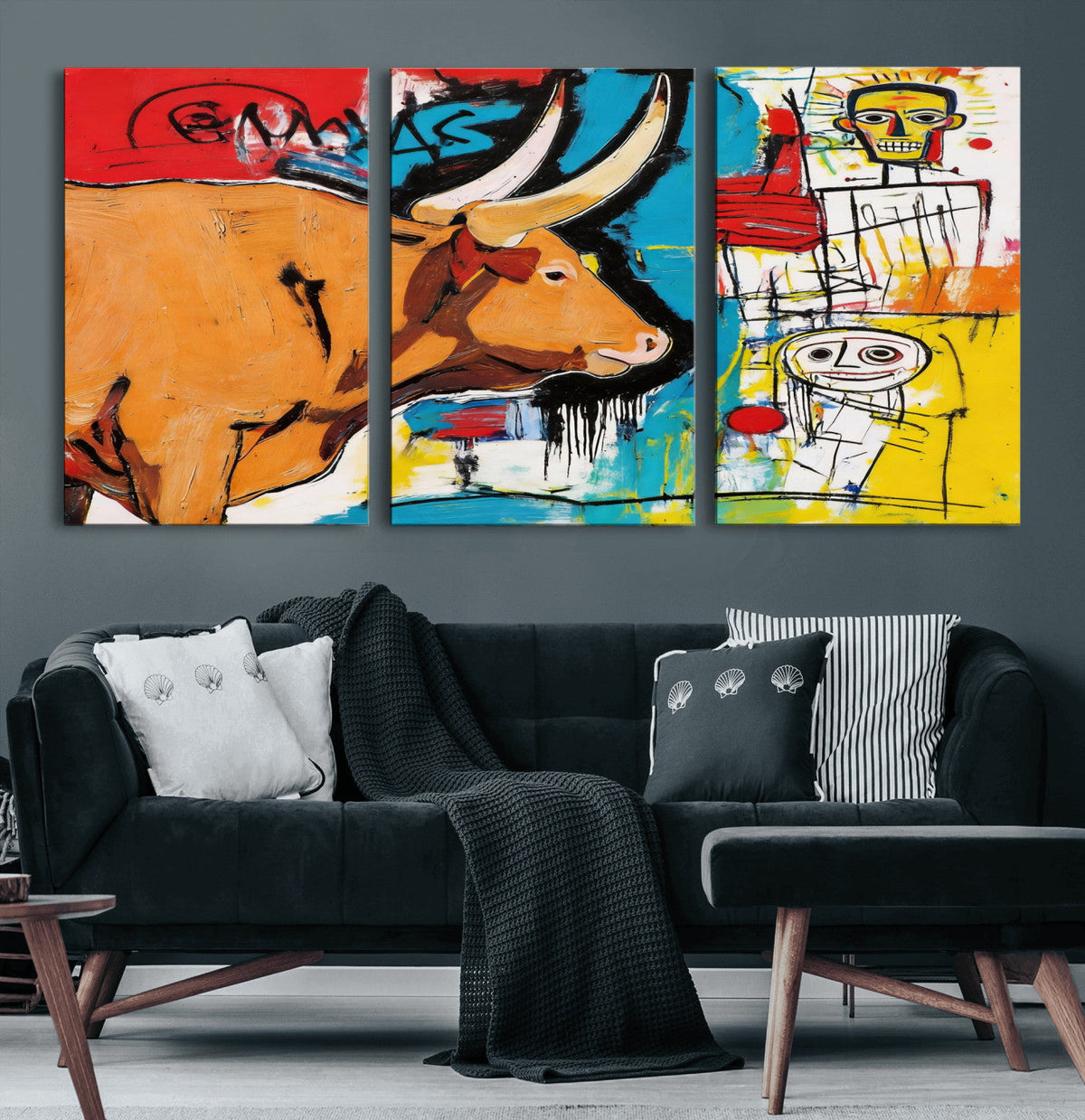Basquiat Style Bull Graffiti Wall Art Canvas Print, Street