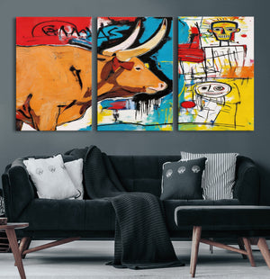 Basquiat Style Bull Graffiti Wall Art Canvas Print, Street