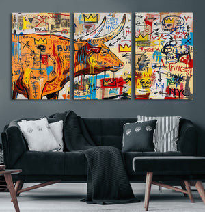 Basquiat Style Bull Graffiti Wall Art Canvas Print, Street