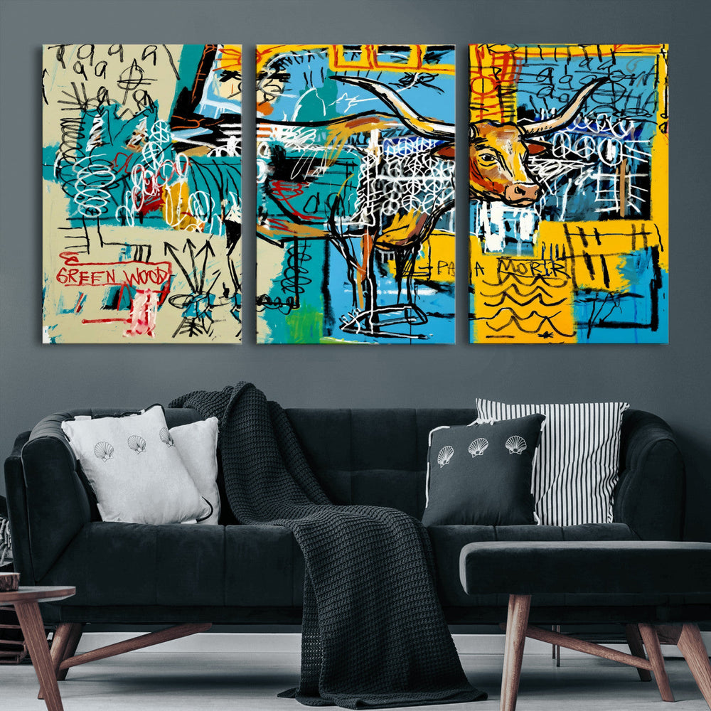 Basquiat Style Bird Bull Graffiti Wall Art Canvas Print,