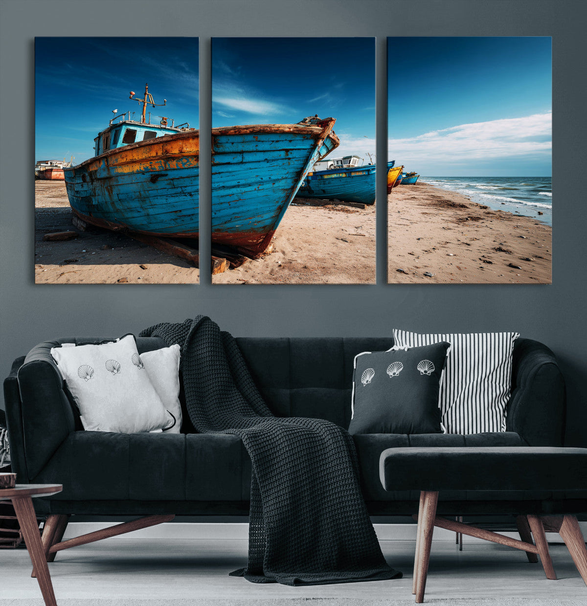 Coastal Fishing Boats Wall Art Canvas Print, Sunset Beach
