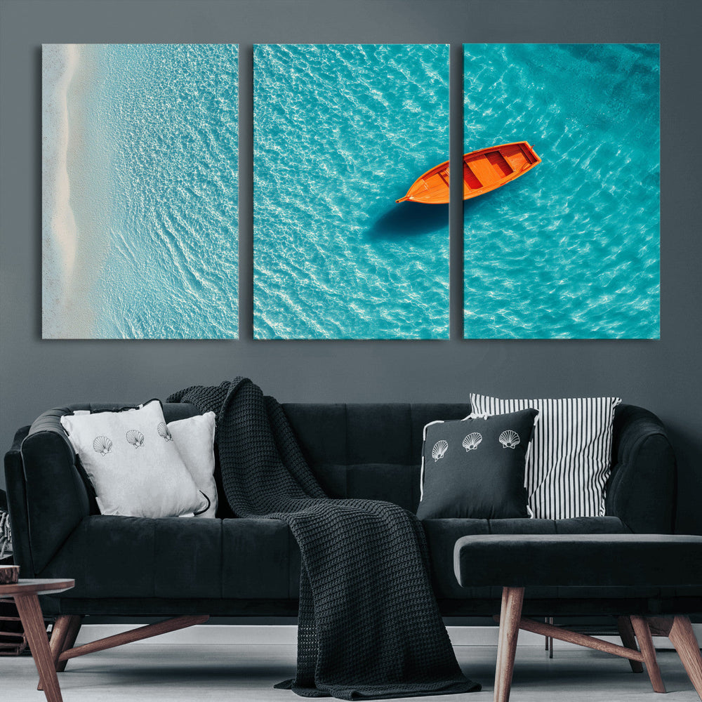 Minimalist Boat Wall Art Canvas Print, Aerial Sea Landscape