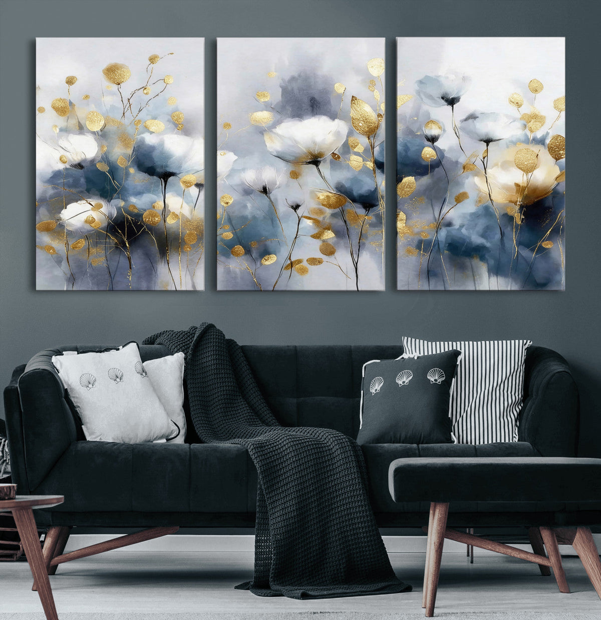 Large Abstract Flowers Wall Art Canvas Print – Gold and Blue