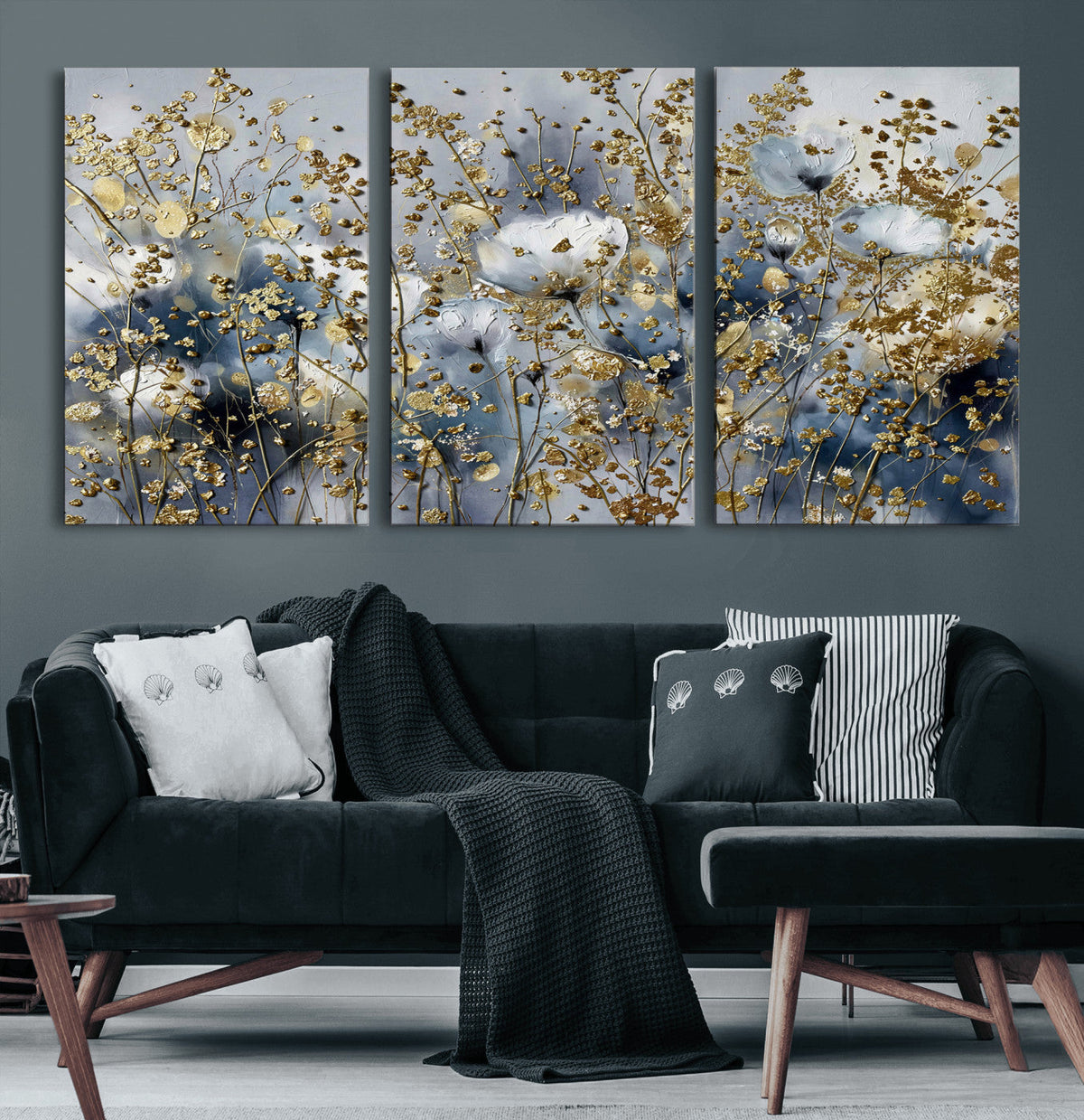 Abstract Floral Wall Art Canvas Print – Gold and Blue