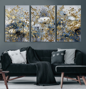 Abstract Floral Wall Art Canvas Print – Gold and Blue
