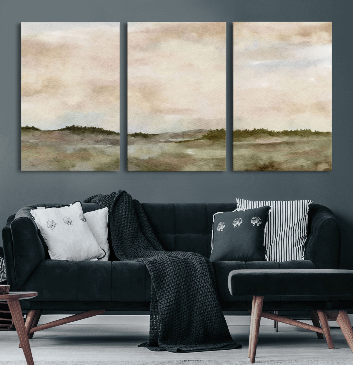 Muted Watercolor Hill Landscape Print — Beige Taupe Cloudy