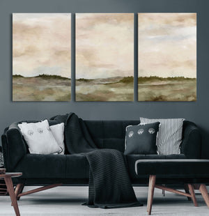 Muted Watercolor Hill Landscape Print — Beige Taupe Cloudy