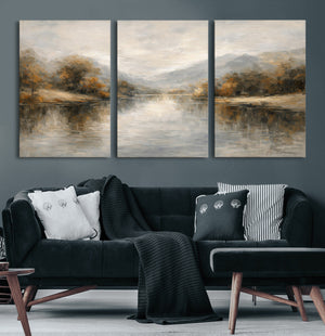 Neutral Abstract River Landscape Wall Art Canvas Print