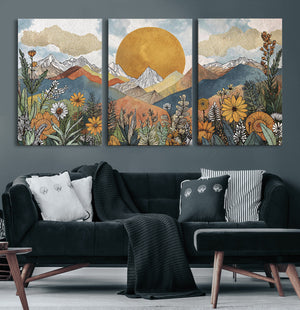 Boho Mountain Landscape Large Wall Art, Horizontal Gold
