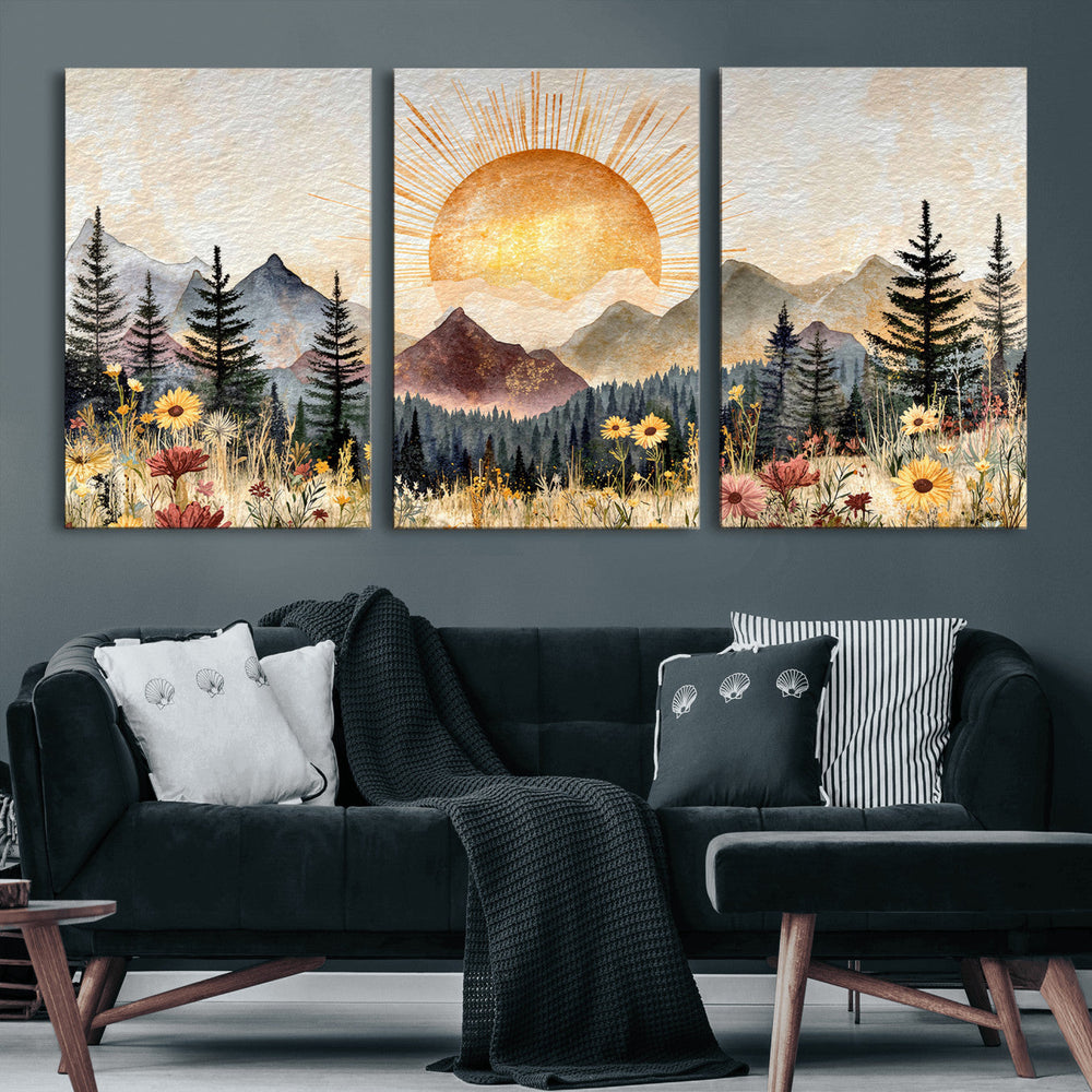 Boho Mountain Landscape Large Wall Art, Horizontal Gold