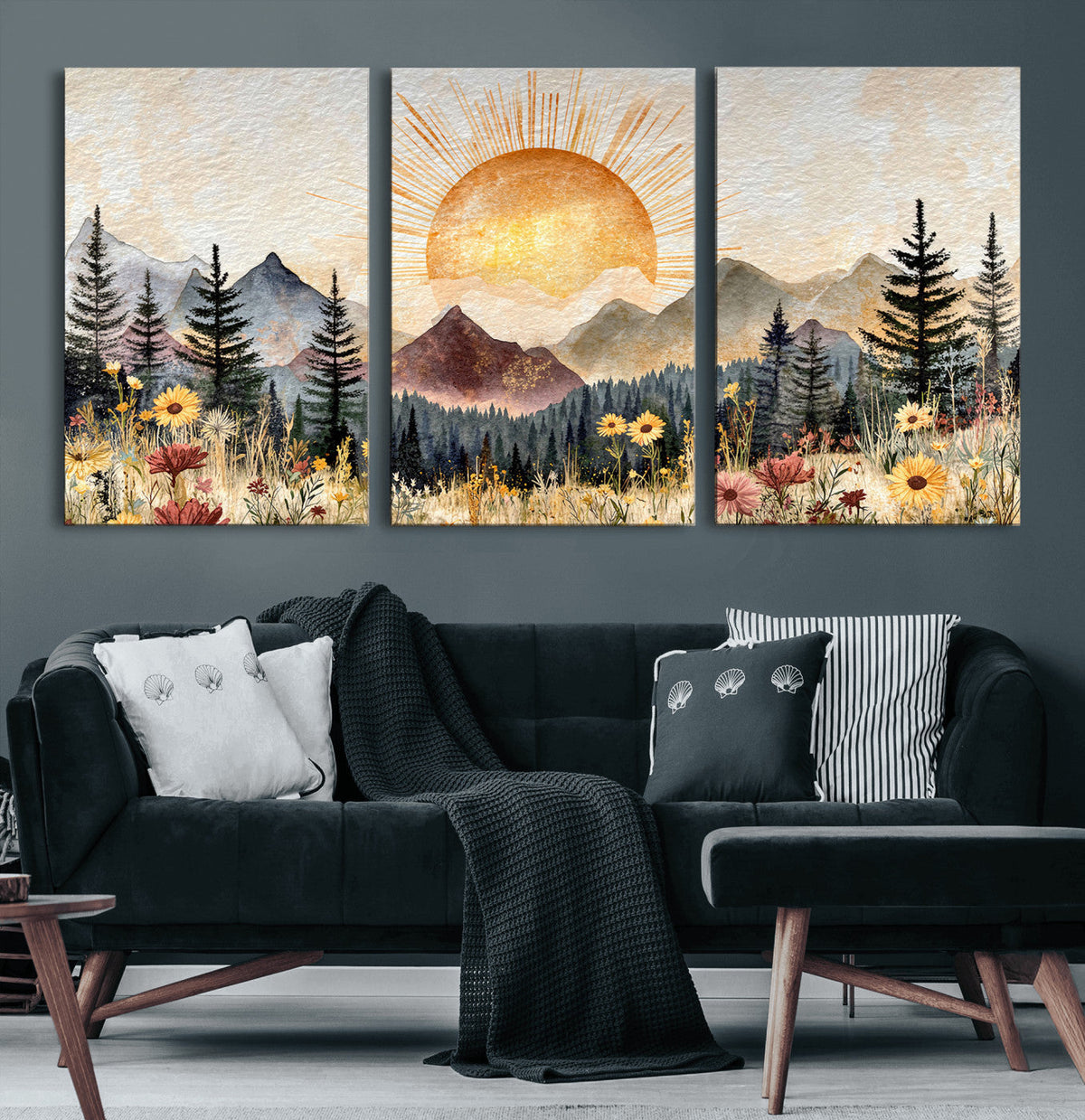 Boho Mountain Landscape Large Wall Art, Horizontal Gold
