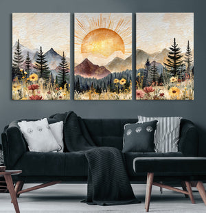 Boho Mountain Landscape Large Wall Art, Horizontal Gold