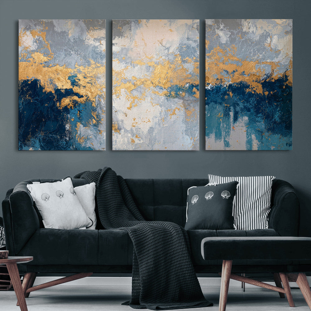 Blue Gold Abstract Large Framed Canvas Wall Art, Modern