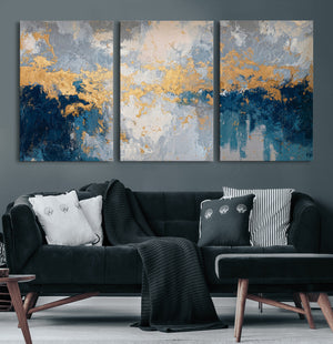 Blue Gold Abstract Large Framed Canvas Wall Art, Modern