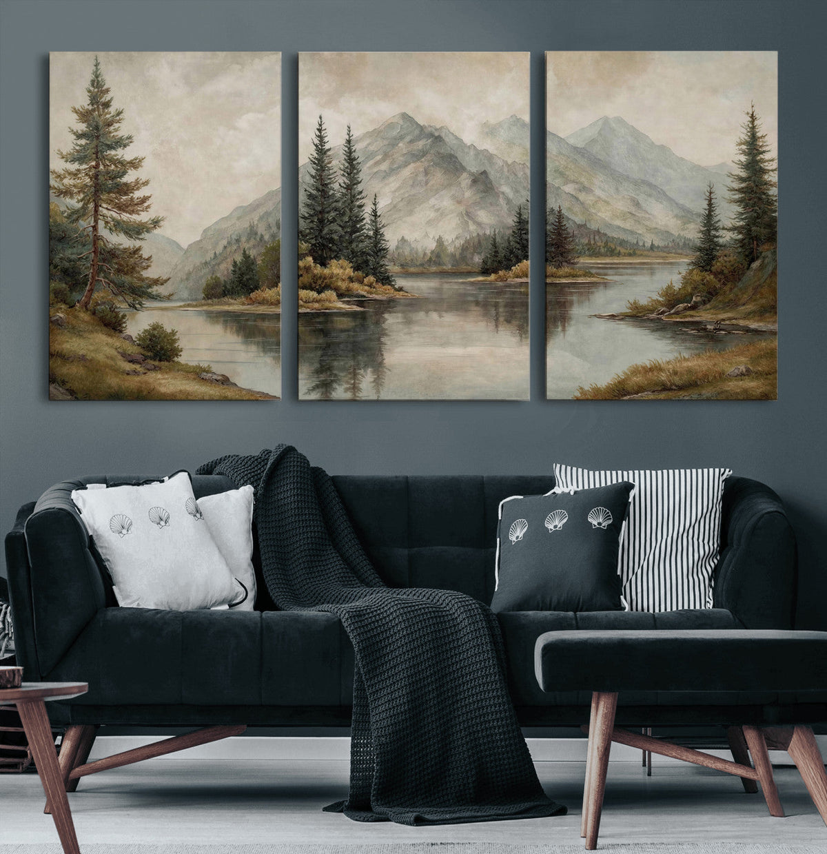 Vintage Mountain Landscape Wall Art Canvas Print Set, Rustic