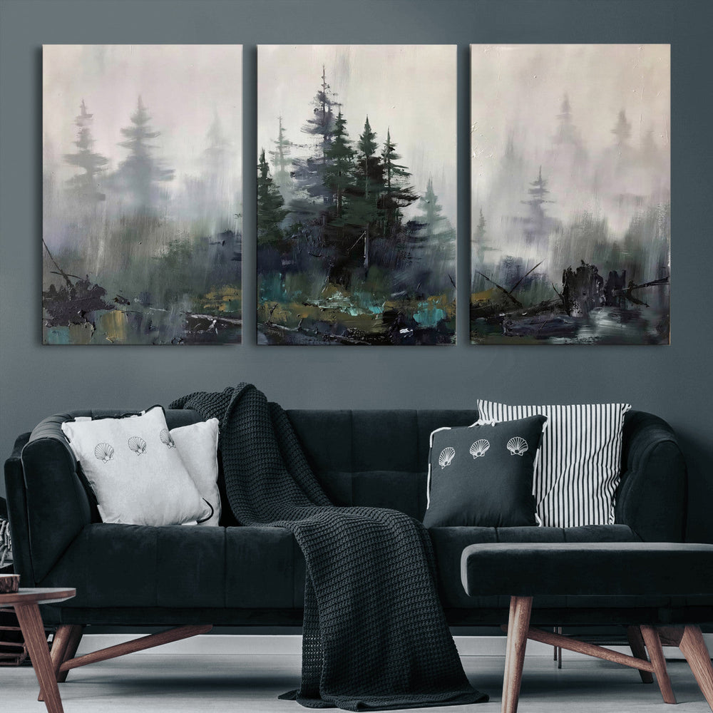 Misty Pine Forest Oil Painting Canvas — Dark Moody Teal Grey