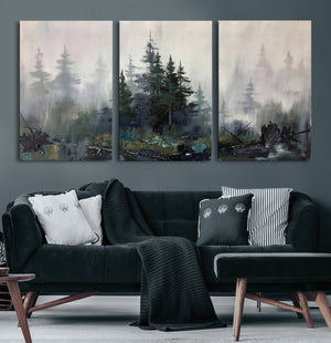 Misty Pine Forest Oil Painting Canvas — Dark Moody Teal Grey