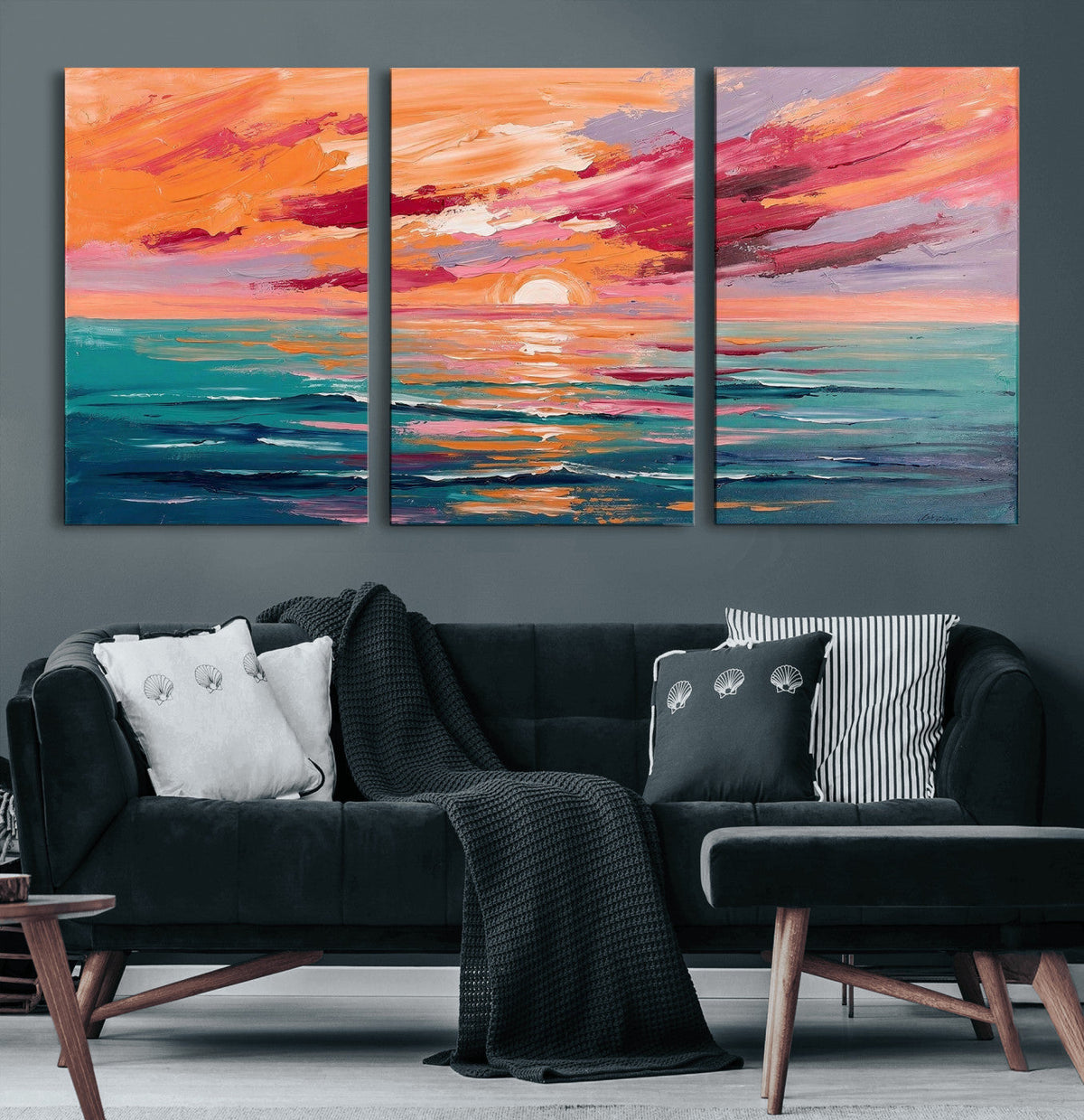 Bold Palette Knife Ocean Sunset Canvas — Orange Pink Teal