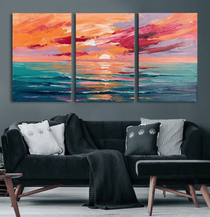 Bold Palette Knife Ocean Sunset Canvas — Orange Pink Teal