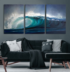 Ocean Wave Canvas Wall Art, Dramatic Teal Blue Seascape Oil